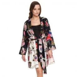 Mode Dessous Geschäft 10 Seide-Baumwolle Kimono FELICIA Schwarz Bunt Von Gattina