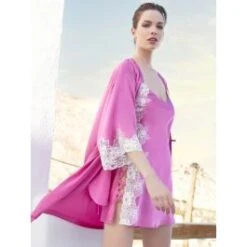 100% Seide Neglige LACE SEDUCTION Dahlia Pink Von Luna Di Seta